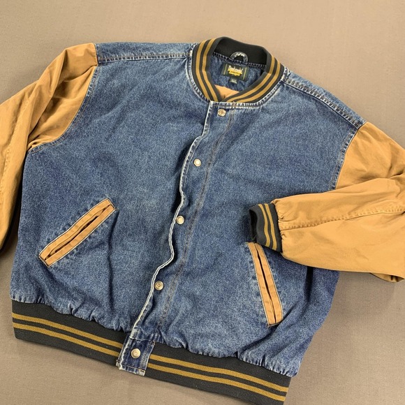Vintage Dunbrooke Jacket Mens 2XL Varsity Bomber Lined 90s Hong Kong Blue Denim - Picture 1 of 16